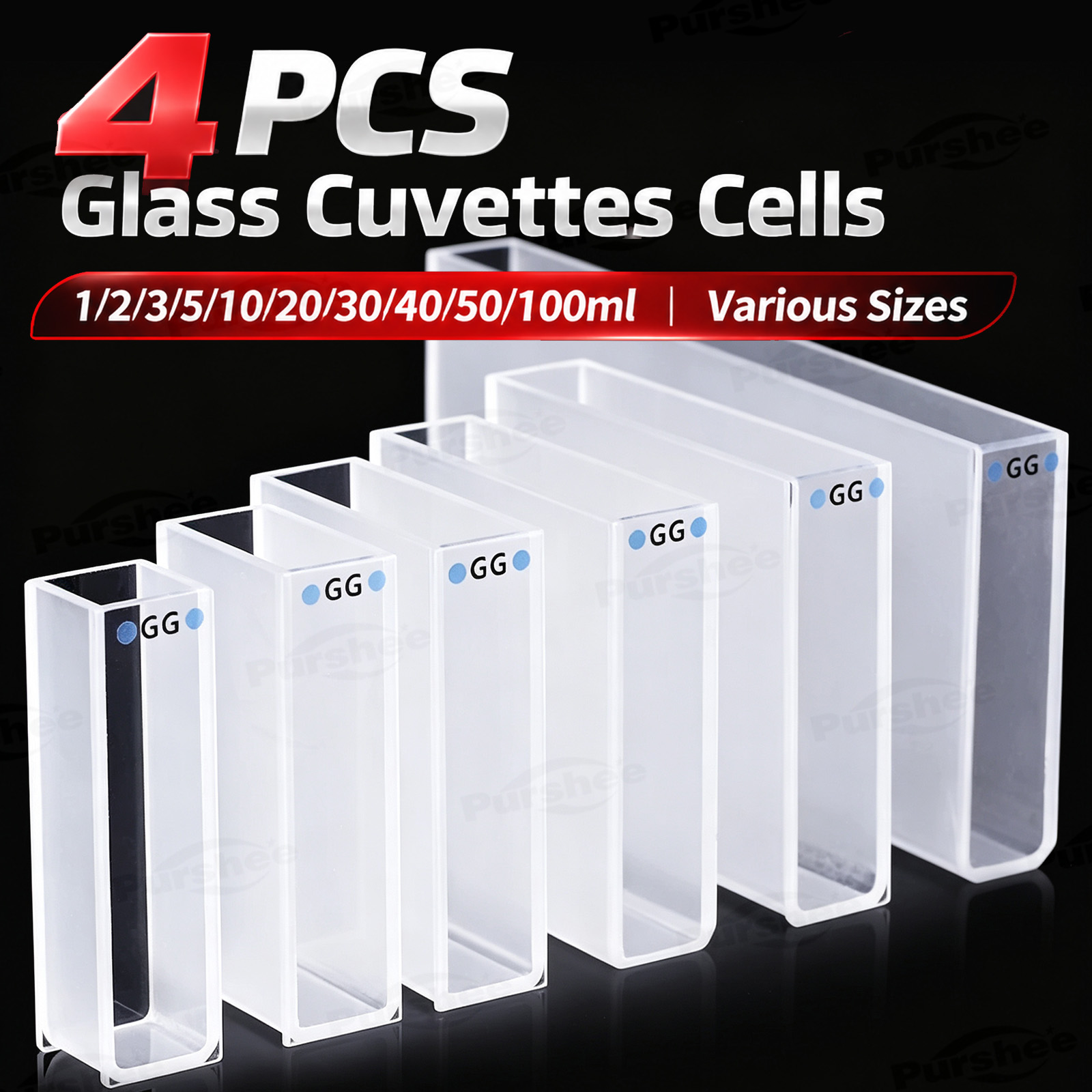 Science Kit - 4 PCS Glass Cuvettes Cells 1/2/3/5/10/20/30/40/50/100ml